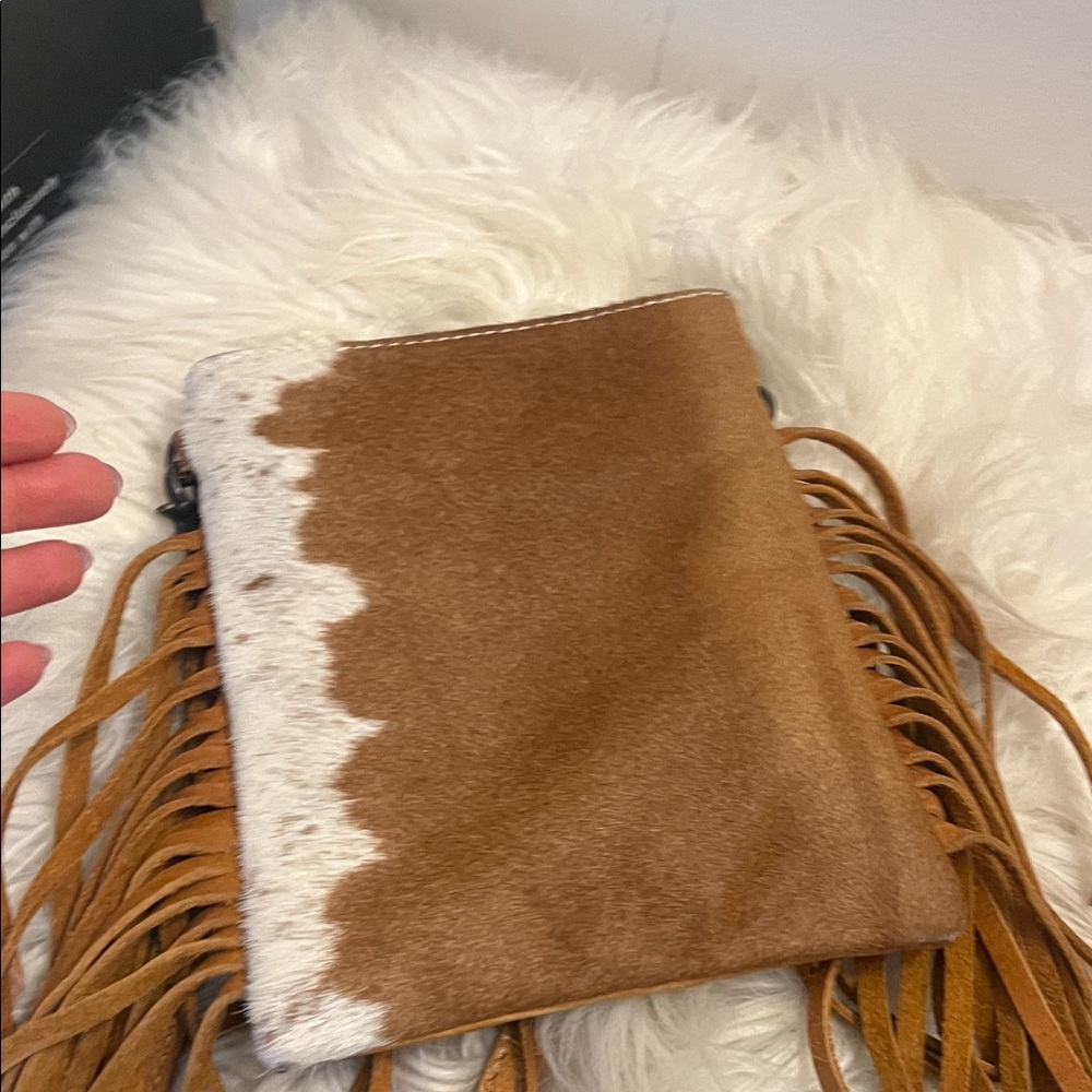 American Darling Tan and White Crossbody Bag with Fringe.  Very good shape!